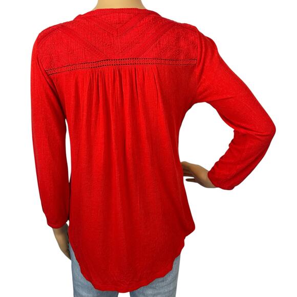 2/$15 Lucky Brand Lace-Up Embroidered Peasant Top Red Boho Tassel Size XS - Picture 5 of 9